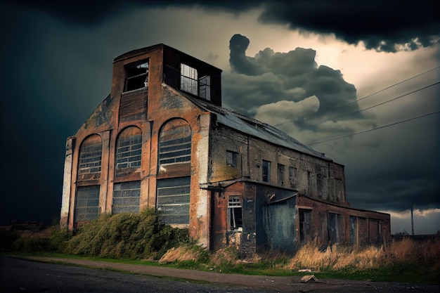 Ruine industrielle obsédante avec des fenêtres cassées et du métal rouillé contre le ciel orageux