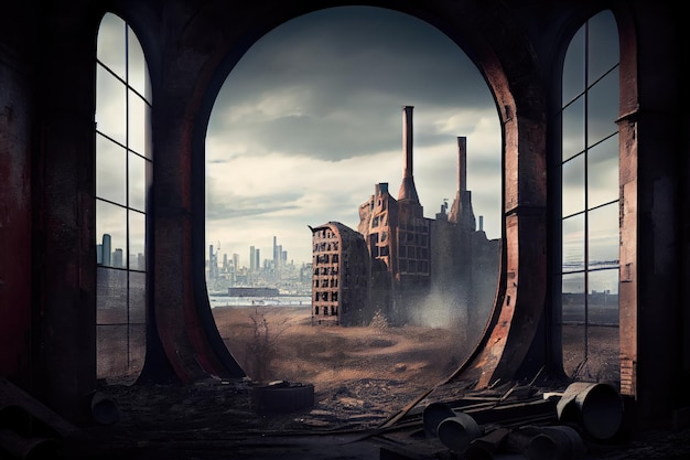 Ruine industrielle avec vue sur le paysage urbain moderne en arrière-plan