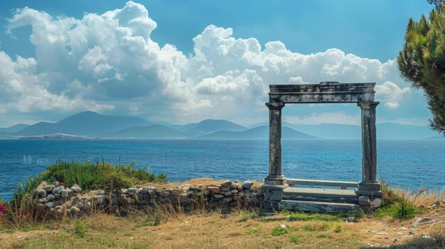 Ruine de porte en pierre avec vue sur la mer Concept d'architecture et d'archéologie ancienne