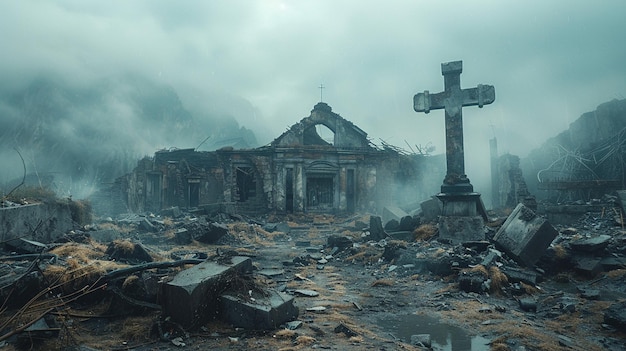 Une ruine en ruine avec un papier peint de croix vide