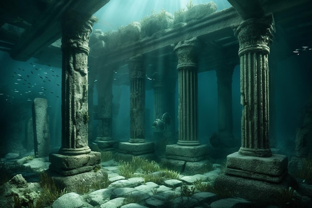 Une ruine sous-marine d'un temple avec le mot atlantis en bas.