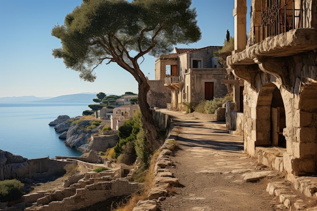 Ruines ancestrales de Kamiros au bord de la mer générative IA