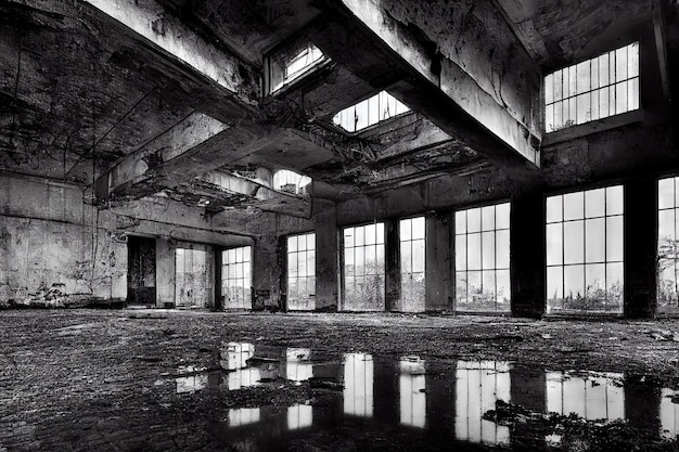 Ruines de l'ancien atelier avec colonnes et bâtiments industriels détruits