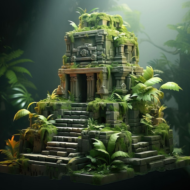 Les ruines d'un ancien temple dans une mystérieuse jungle basse poly