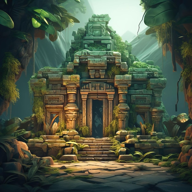 Les ruines d'un ancien temple dans une mystérieuse jungle basse poly