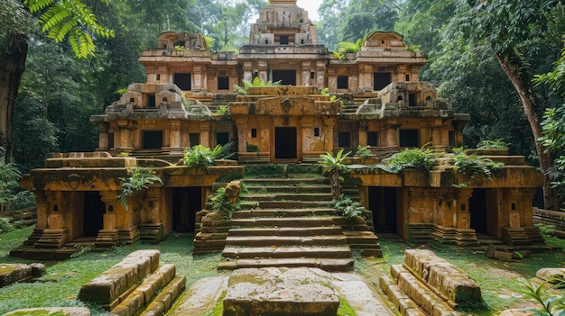 Des ruines anciennes mystérieuses cachées au fond d'une jungle dense, la végétation envahie, récupérant la pierre.