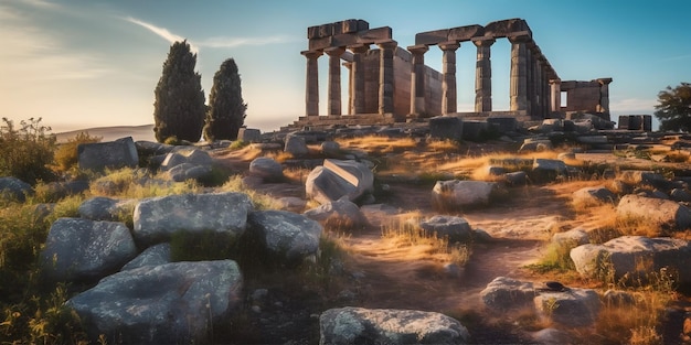 Ruines anciennes Les vestiges d'un vieux temple ou d'un château situés sur un magnifique paysage naturel