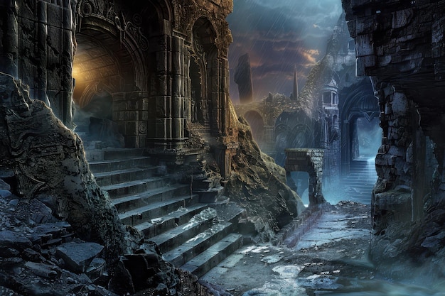 Les ruines anciennes d'une ville oubliée dans un monde fantastique mystique