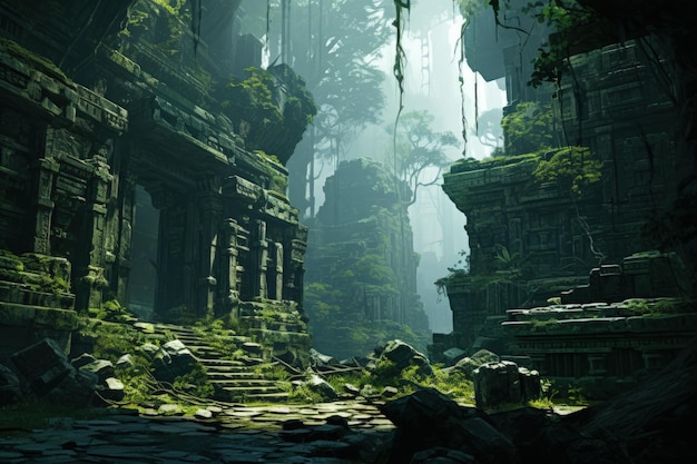 Ruines antiques mystérieuses dans une jungle dense AI générative