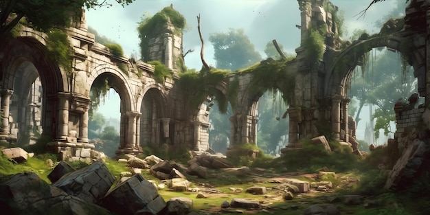 Ruines antiques Les vestiges d'un ancien temple ou château situé dans un magnifique paysage naturel ai générative