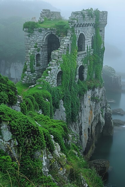 Les ruines du château oubliées voilées par le lierre grimpant les pierres flouent avec le vert