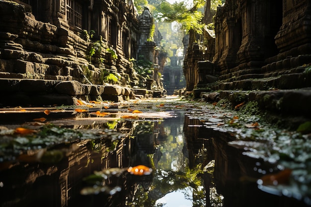 Les ruines du temple se reflètent sur l'eau