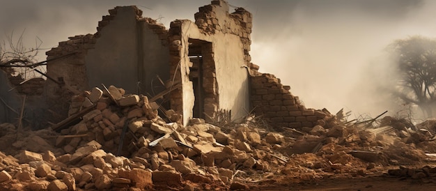 Des ruines effondrées d'une vieille maison détériorée.