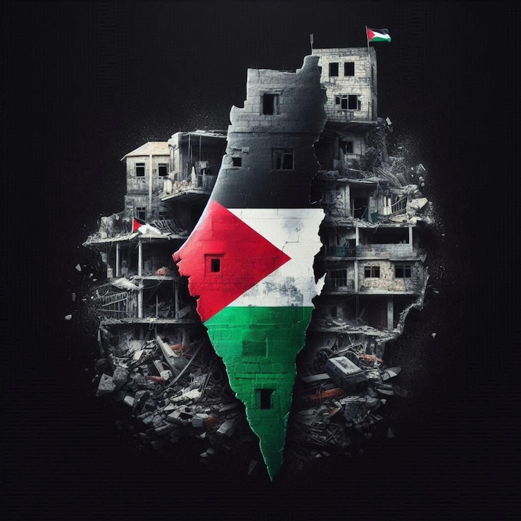 Photo les ruines de la guerre en palestine et le drapeau palestinien