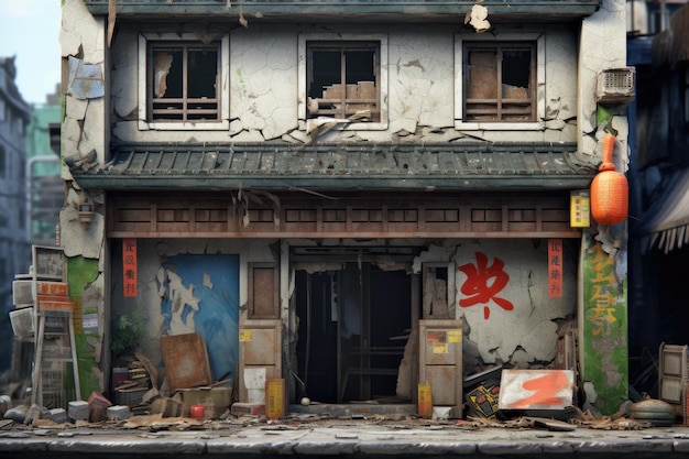 Les ruines d'un magasin de style chinois aux volets délabrés
