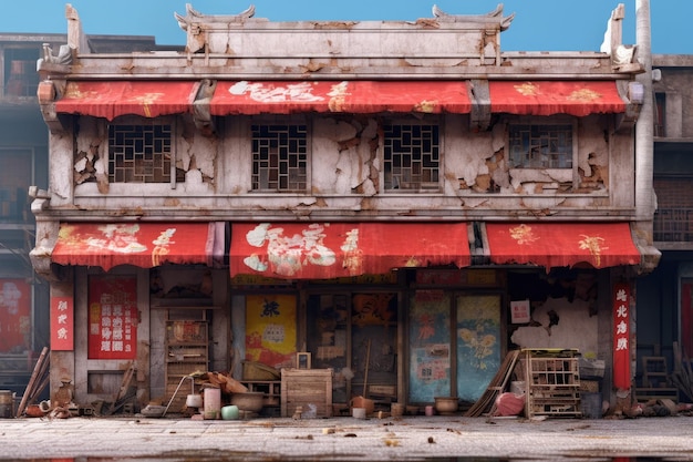 Les ruines d'un magasin de style chinois aux volets délabrés