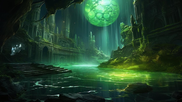 Des ruines de marais submergées fantastiques avec un étrange orbe vert et lumineux