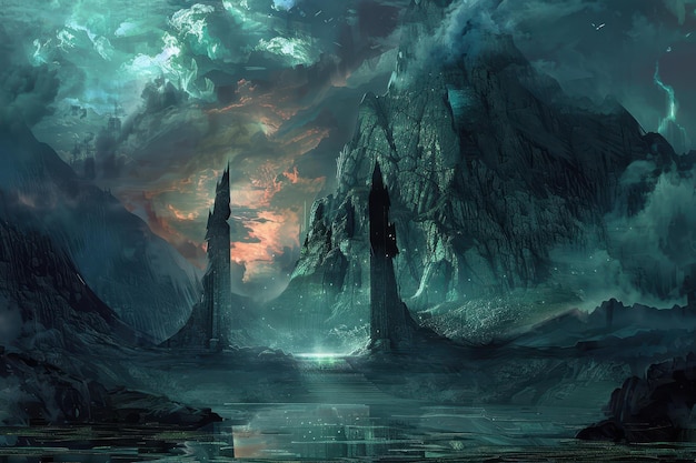 Des ruines mystérieuses dans un paysage mystique avec un ciel orageux