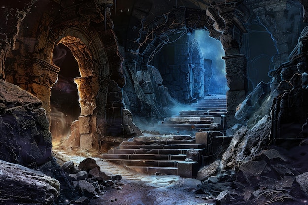 Les ruines mystiques et lumineuses d'un ancien temple avec un portail vers un autre royaume.