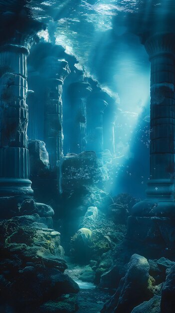 Photo des ruines sous-marines énigmatiques avec des colonnes coulées et des poissons