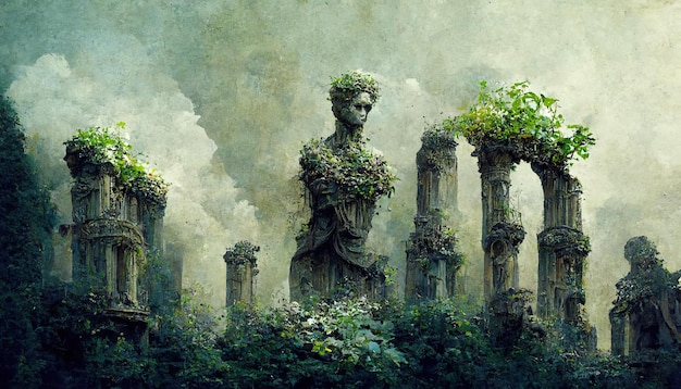 Ruines de statues de pierre avec illustration d'art conceptuel de lierre