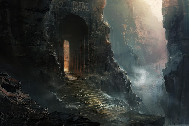 Des ruines de temples mystérieux recouvertes de vignes dans une jungle oubliée.