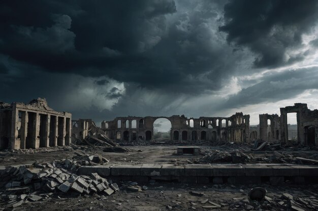 Photo les ruines d'un vieux bâtiment détruit sous un ciel orageux