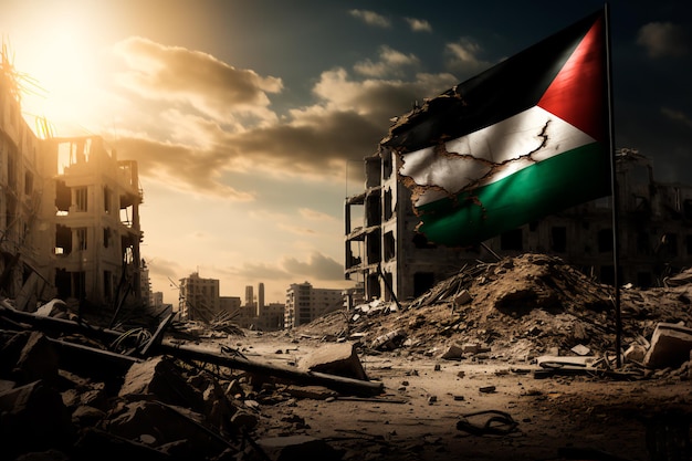 Les ruines d'une ville détruite et le drapeau de la Palestine Palestine libre Israël et la Palestine concept de guerre