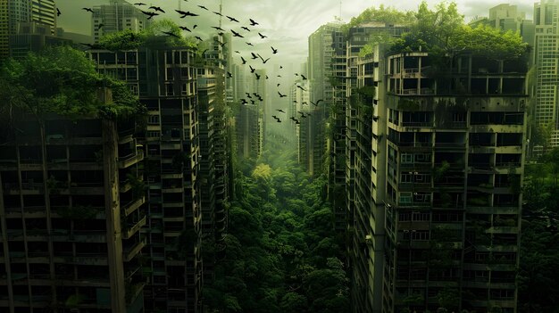 Photo les ruines de la ville envahie par la nature les oiseaux nichent au milieu d'une verdure luxuriante surpassant les gratte-ciel futuristes dans un paysage post-apocalyptique plein d'espoir