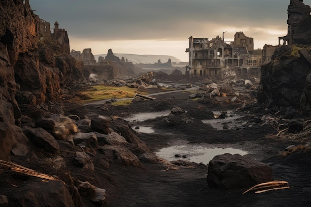 les ruines de la ville de Grindavik en Islande après une éruption volcanique