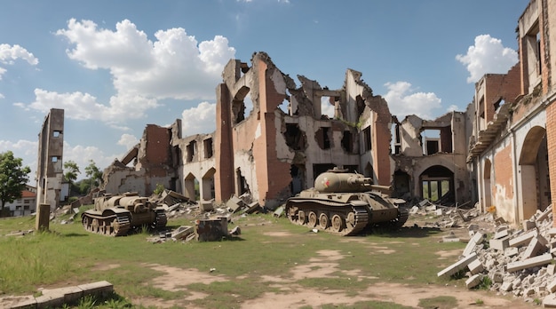 Photo ruines de la ville de la guerre mondiale avec des véhicules d'artillerie