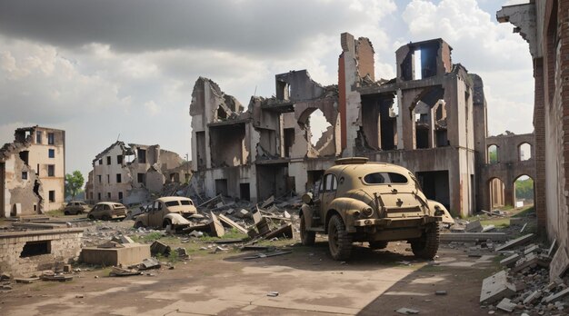 Ruines de la ville de la guerre mondiale avec des véhicules d'artillerie