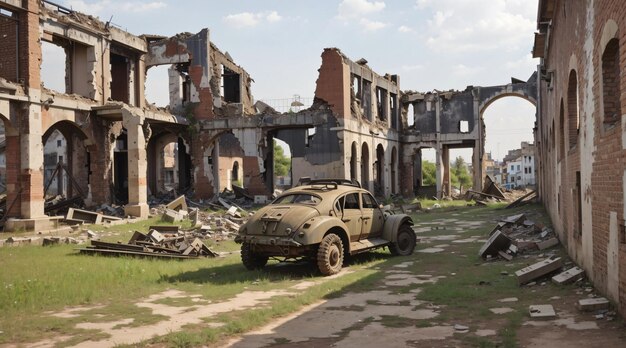 Photo ruines de la ville de la guerre mondiale avec des véhicules d'artillerie