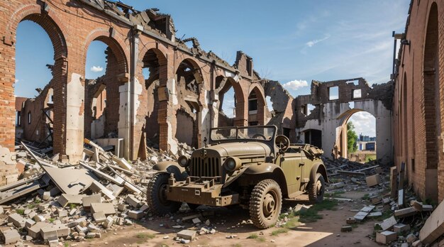 Photo ruines de la ville de la guerre mondiale avec des véhicules d'artillerie