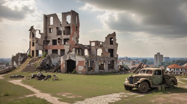 Photo ruines de la ville de la guerre mondiale avec des véhicules d'artillerie