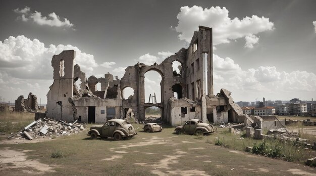 Photo ruines de la ville de la guerre mondiale avec des véhicules d'artillerie