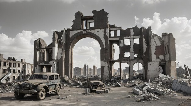 Ruines de la ville de la guerre mondiale avec des véhicules d'artillerie