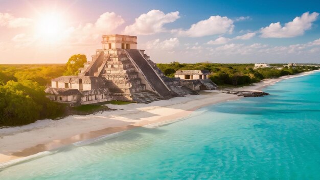 Photo les ruines de la ville maya de tulum sur la rivière maya dans les caraïbes