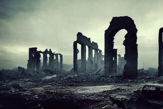 Ruines d'une ville totalement détruite pendant la troisième guerre mondiale nucléaire fond de ciel brumeux