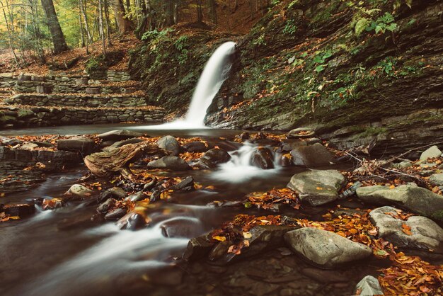 Ruisseau de cascade de montagne d'automne dans les rochers avec des feuilles sèches tombées rouges colorées fond saisonnier naturel