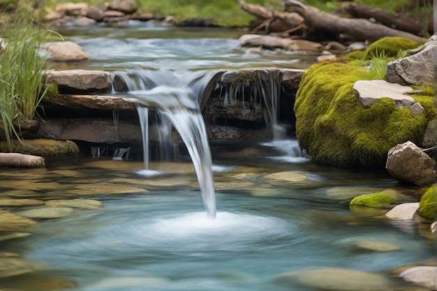 un ruisseau avec une cascade en premier plan et un tronc en premier plan