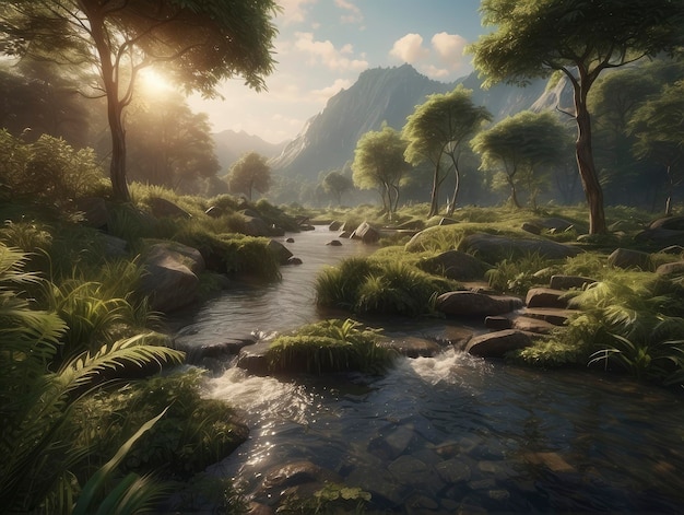 un ruisseau coulant à travers une forêt verte luxuriante remplie d'arbres et de rochers
