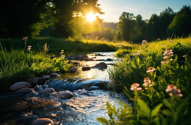 Un ruisseau cristallin qui coule doucement à travers une image de flux d'eau d'herbe verte luxuriante