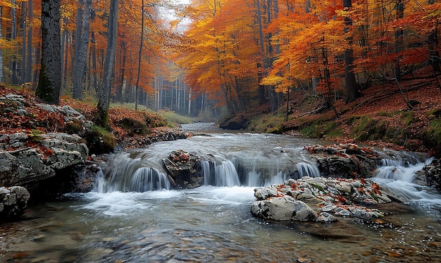 un ruisseau dans les bois avec une cascade en arrière-plan