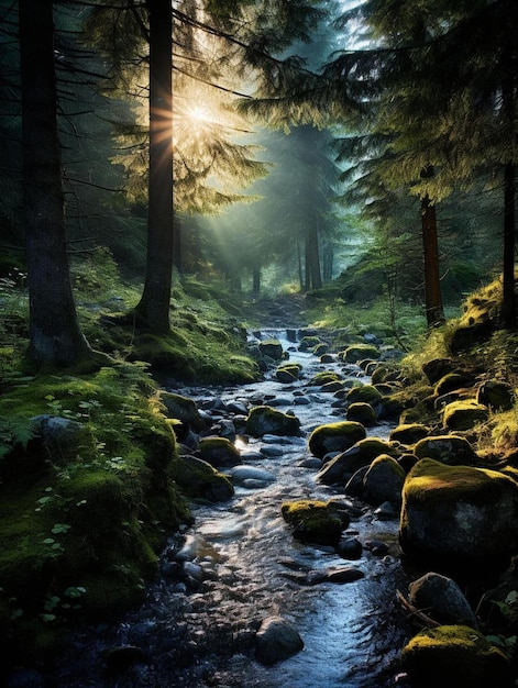 Un ruisseau dans les bois avec un ruisseau qui le traverse.