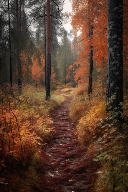 Un ruisseau dans la forêt avec un fond coloré d'automne.