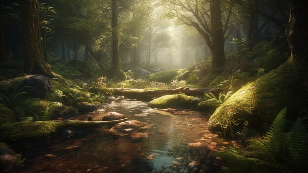 Un ruisseau dans la forêt avec de la mousse et des arbres