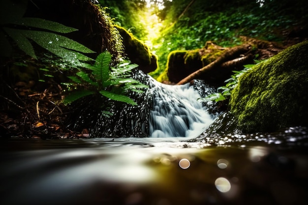 Un ruisseau dans une forêt avec des plantes vertes et un arbre en arrière-plan