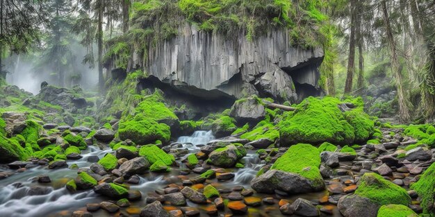 Un ruisseau dans la forêt avec des rochers couverts de mousse et de la mousse.