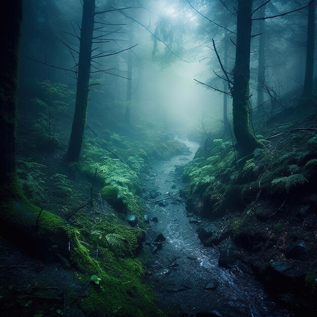 Un ruisseau dans une forêt avec un ruisseau qui le traverse.